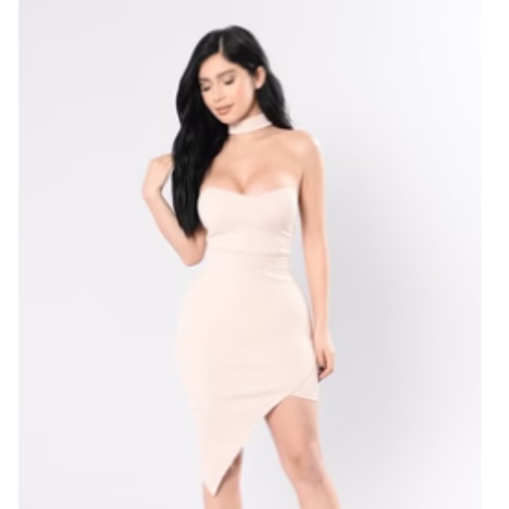 Fashion Nova Midi Slit Dress-Baige